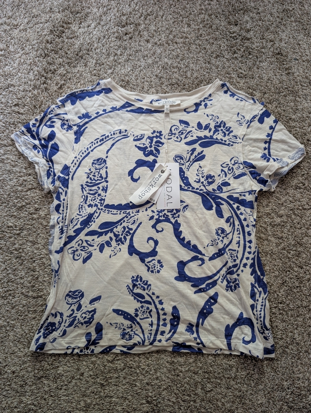 NWT White & Blue Floral Paisley Print Boxy Tee With Rough Hem Women's Sz S